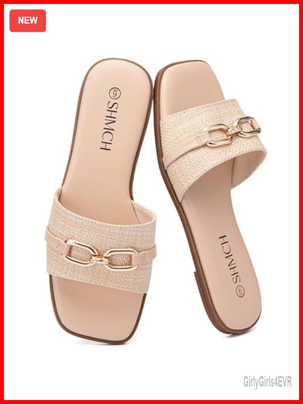 Leather Slide Sandals with Chain Detail, Summer Beach Open Toe Slip On Flat